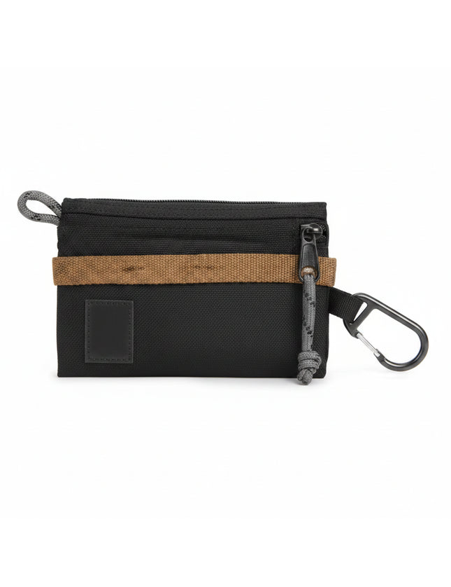 Black wallet with a brown strap and a carabiner clip