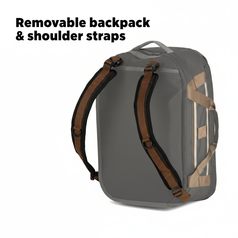 Removable backpack and shoulder straps on a grey duffel bag