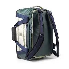 Green and blue duffel bag with backpack straps and side handle