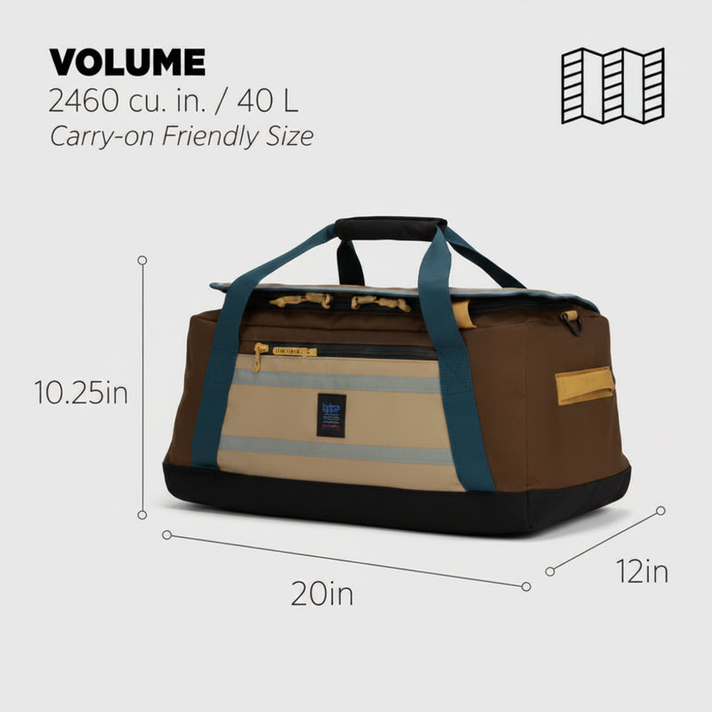 Brown and blue duffel bag with dimensions 20in x 12in x 10.25in and 40L volume