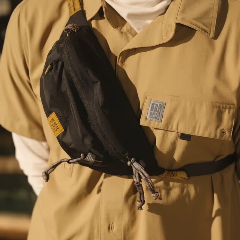 Black fanny pack worn across the chest over a tan shirt