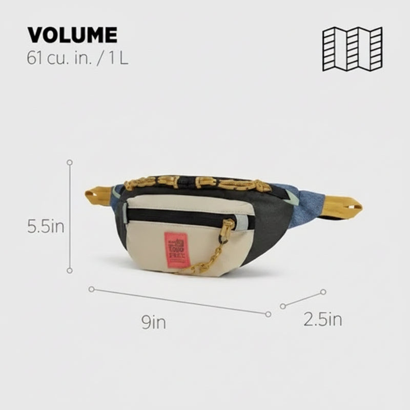Fanny pack with dimensions 5.5in H x 9in W x 2.5in D and volume 61 cu in / 1 L