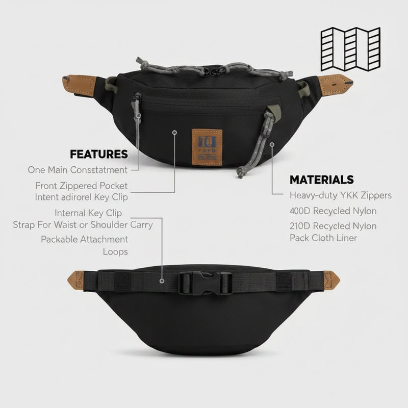 Black fanny pack with brown leather accents and grey drawstrings, showing features and materials