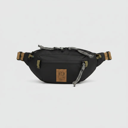 Black fanny pack with brown straps and grey drawstrings