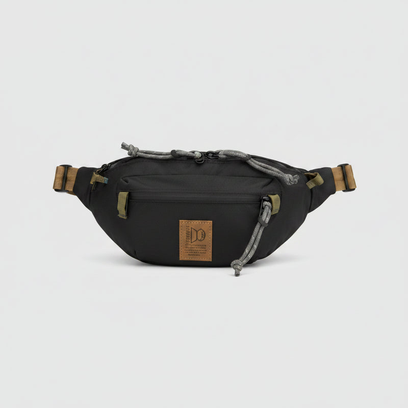 Black fanny pack with brown straps and grey drawstrings