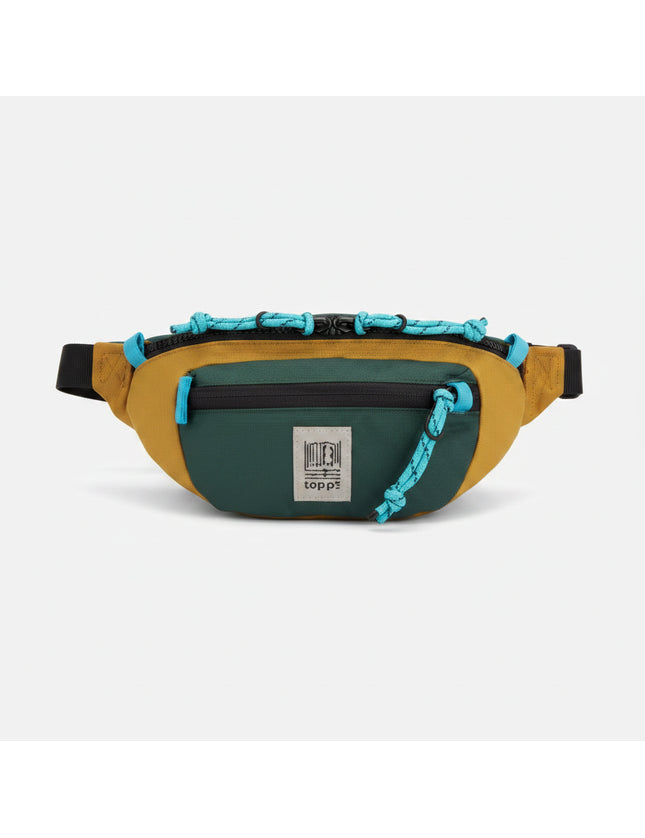 Topographic Designs green and gold fanny pack with blue cord details