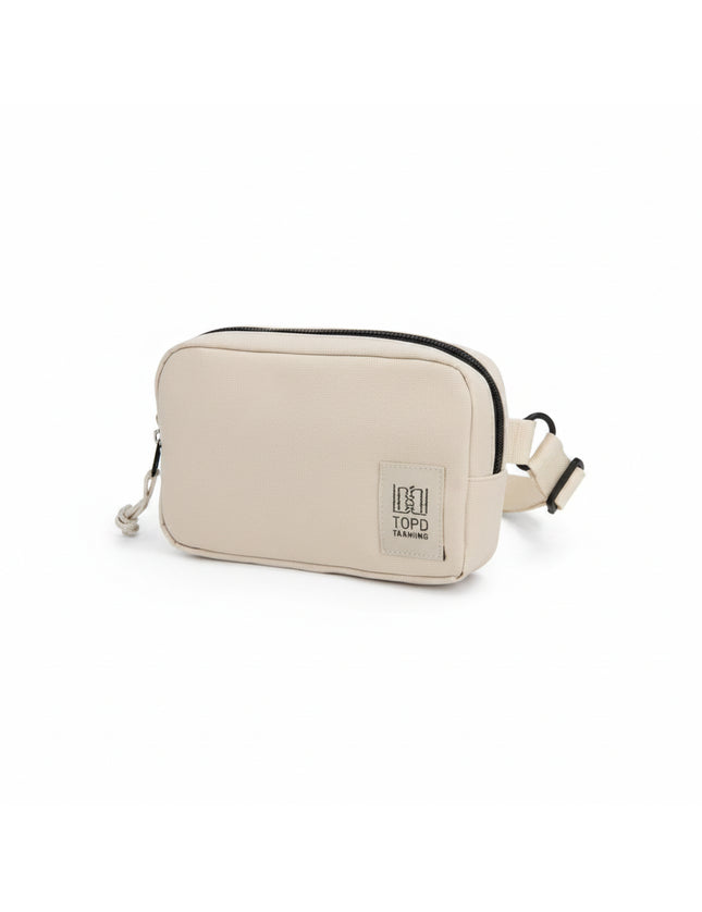 Topd Tarmiing beige rectangular pouch with black zipper and adjustable strap