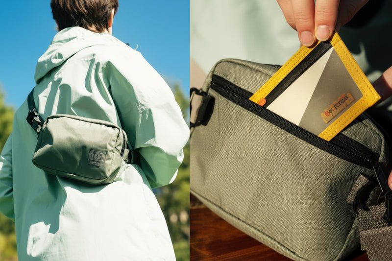 Person wearing a green sling bag over a light green jacket, and a close-up of a hand putting a card into the bag