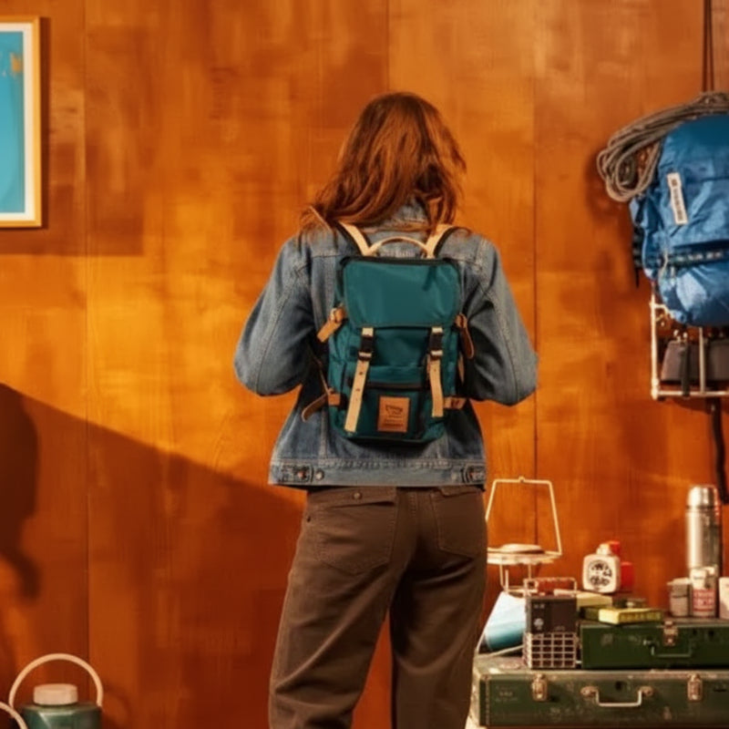 Woman wearing a denim jacket and a small teal backpack with brown straps