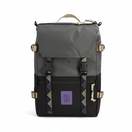 Topographic Designs Rover Pack Classic backpack in black and charcoal with purple logo