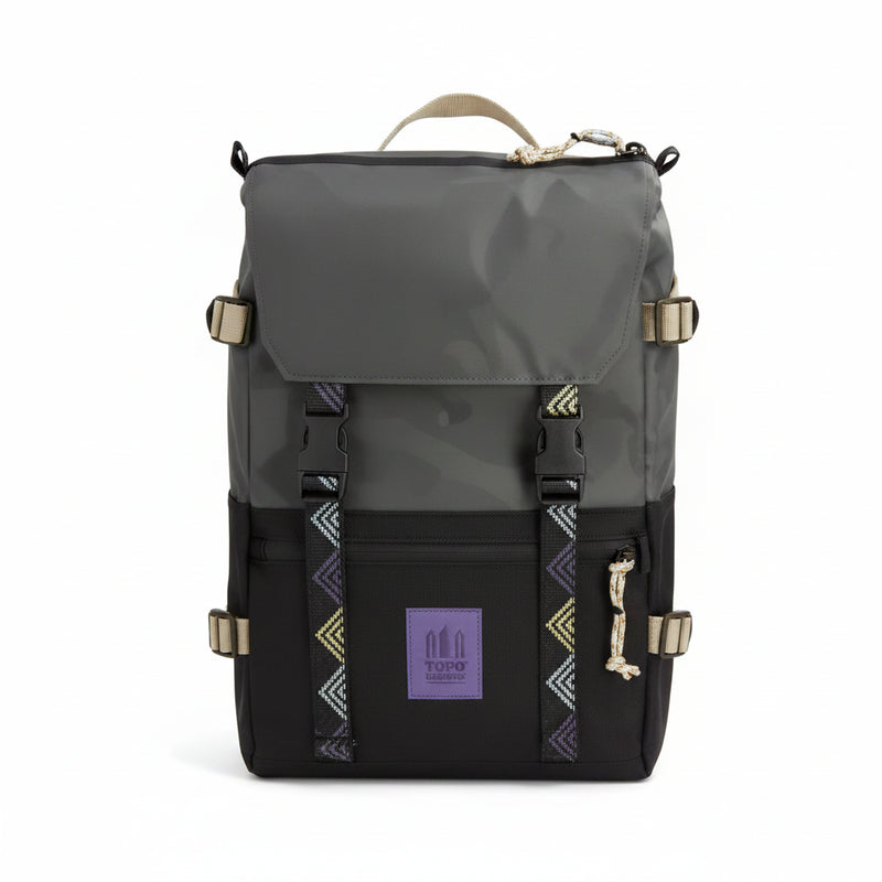 Topographic Designs Rover Pack Classic backpack in black and charcoal with purple logo