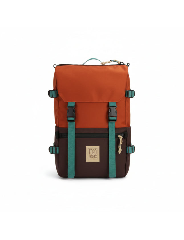 Topographic Designs backpack in orange, brown, and teal