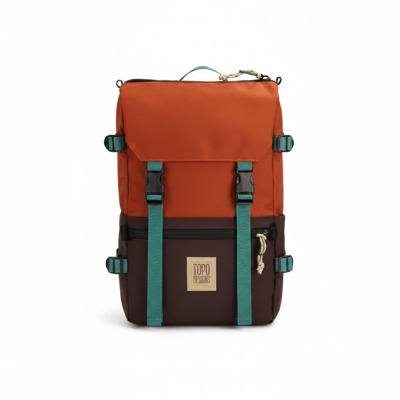 Topographic Designs backpack in orange, brown, and teal