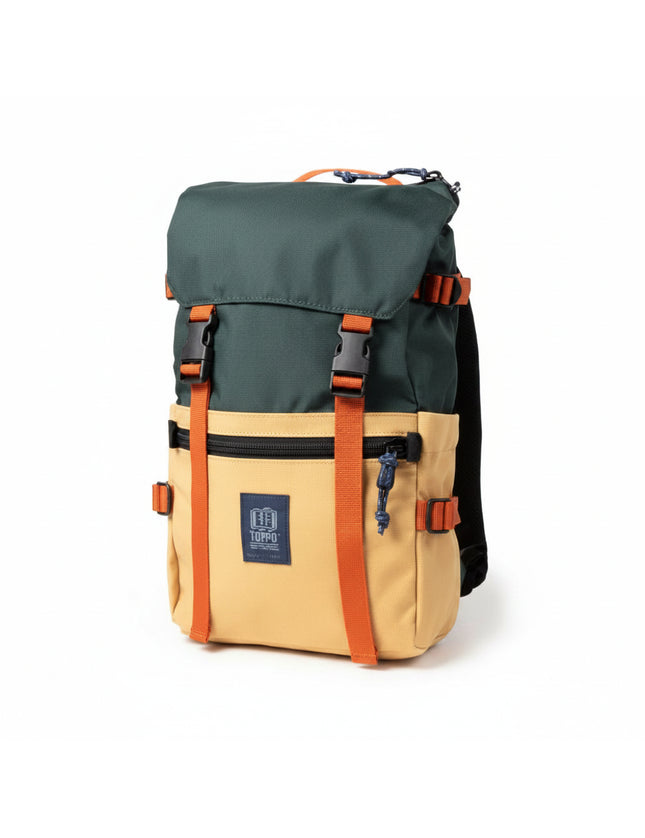 Topographic Designs Rover Pack Classic backpack in green and tan with orange straps