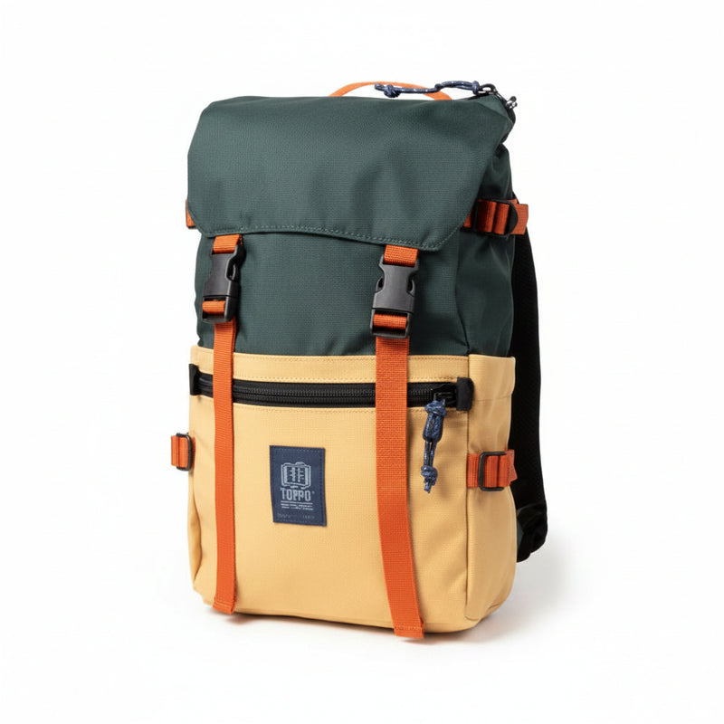 Topographic Designs Rover Pack Classic backpack in green and tan with orange straps