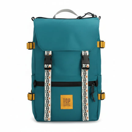 Teal backpack with yellow accents and patterned straps