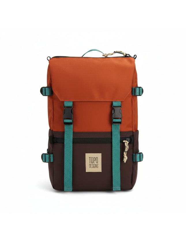 Topo Designs Rover Pack Classic in Clay and Black with a teal accent