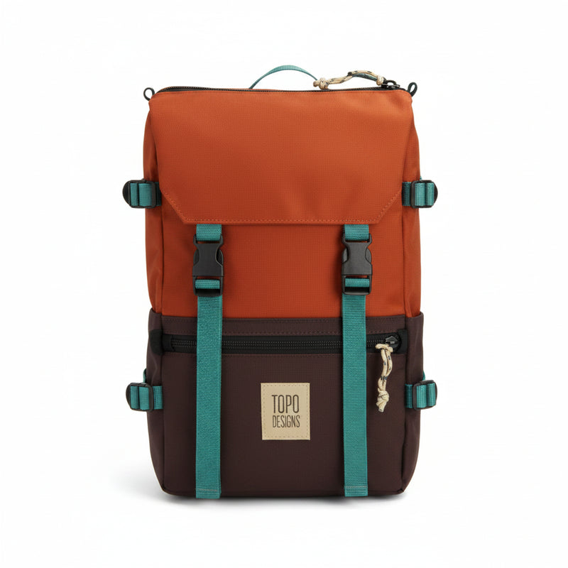 Topo Designs Rover Pack Classic in Clay and Black with a teal accent