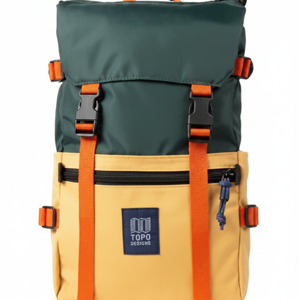 Topo Designs Rover Pack Classic backpack in green and yellow with orange straps