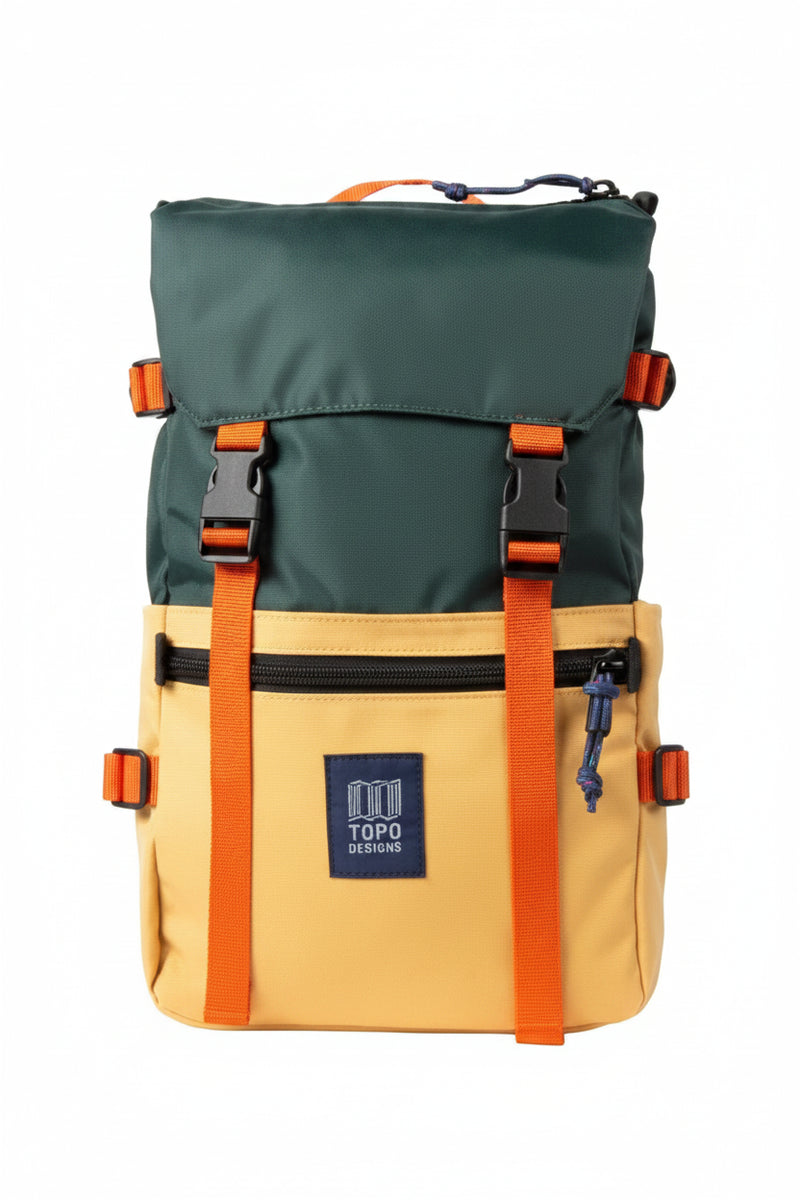 Topo Designs Rover Pack Classic backpack in green and yellow with orange straps