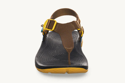 Brown sandal with yellow buckle on a white background