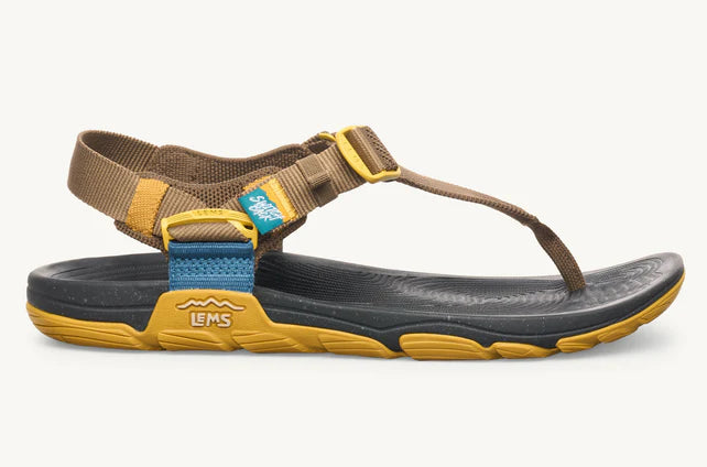 Brown sandal with yellow straps on a white background