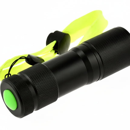 Black flashlight with a green button and a neon yellow wrist strap