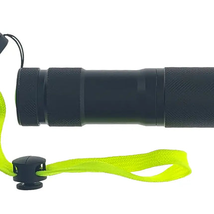 Black flashlight with a neon yellow wrist strap