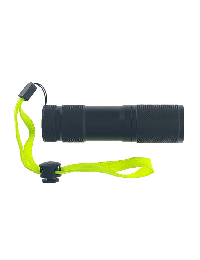 Black flashlight with a neon yellow wrist strap