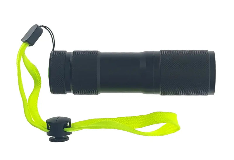 Black flashlight with a neon yellow wrist strap
