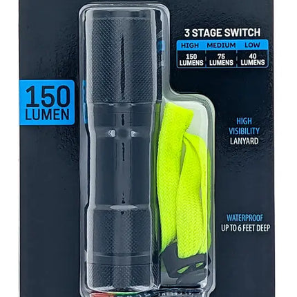 Waterproof flashlight with 3 AAA alkaline batteries and high visibility lanyard