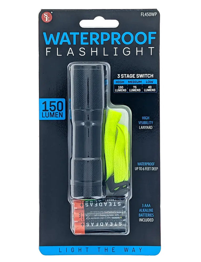 Waterproof flashlight with 3 AAA alkaline batteries and high visibility lanyard