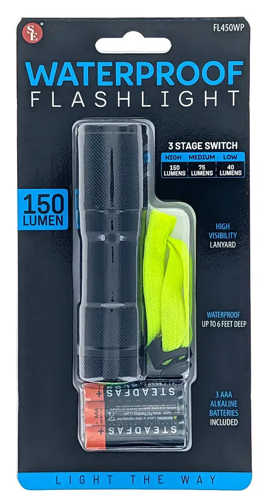 Waterproof flashlight with 3 AAA alkaline batteries and high visibility lanyard