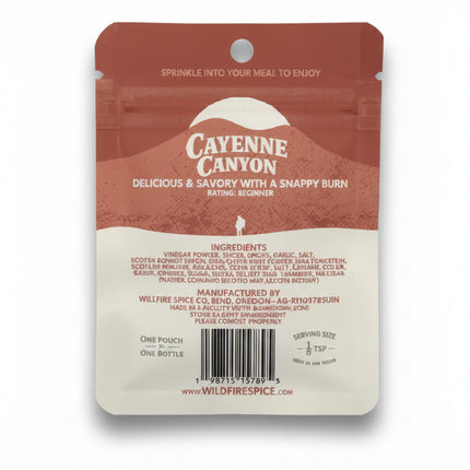 Cayenne Canyon spice pouch with ingredients and manufacturing details
