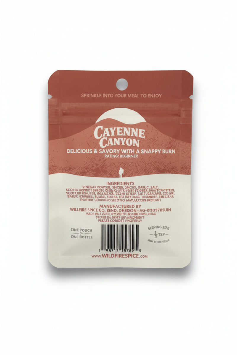 Cayenne Canyon spice pouch with ingredients and manufacturing details