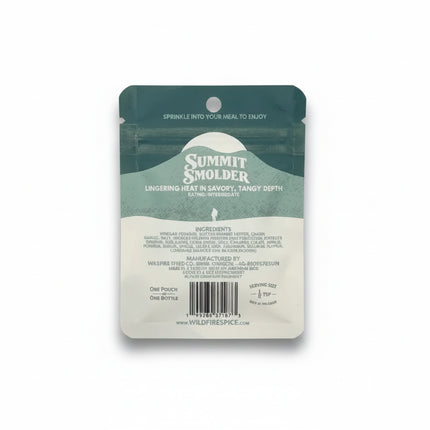 Summit Smolder spice powder hot sauce packet with ingredients and serving size