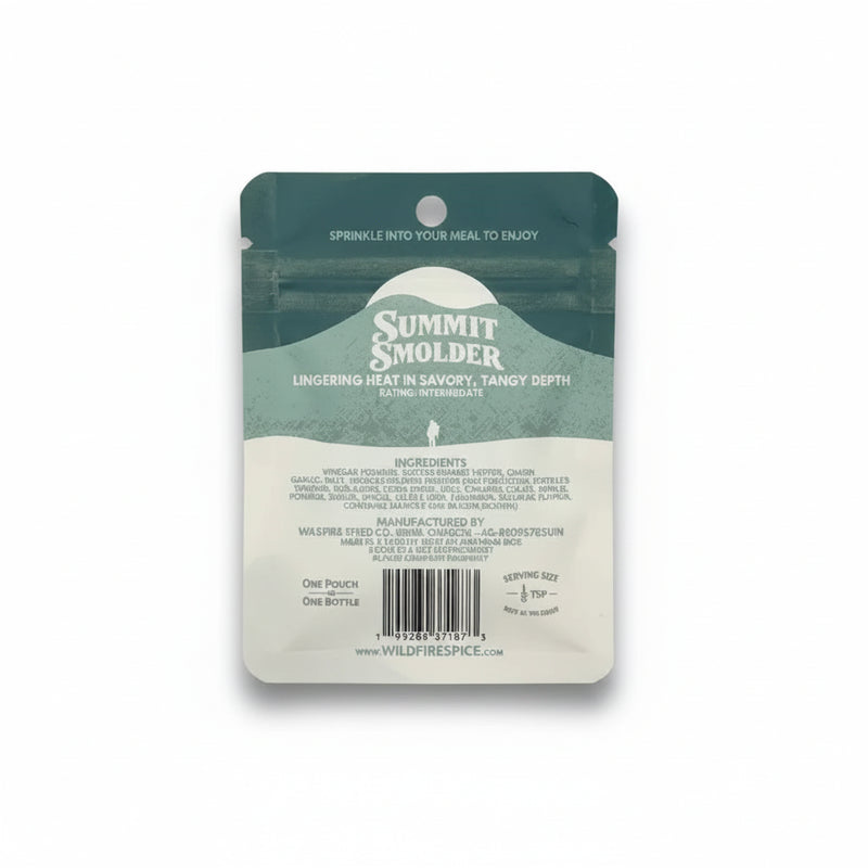 Summit Smolder spice powder hot sauce packet with ingredients and serving size