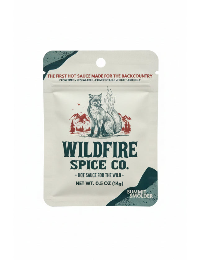 Wildfire Spice Co Summit Smolder hot sauce packet with a fox graphic