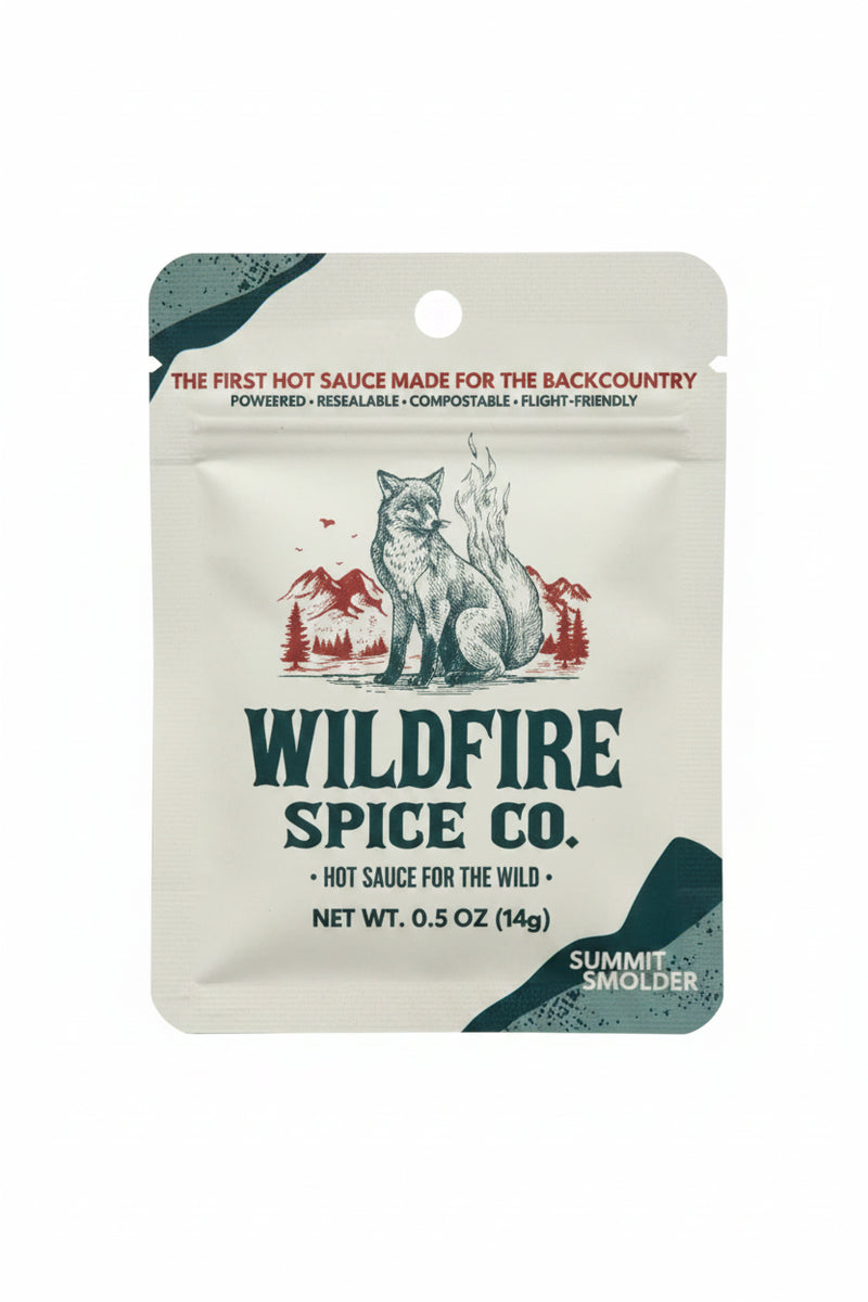 Wildfire Spice Co Summit Smolder hot sauce packet with a fox graphic