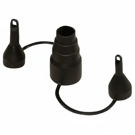 Black rubber dust cap with two small conical caps and one larger stepped cap connected by a loop