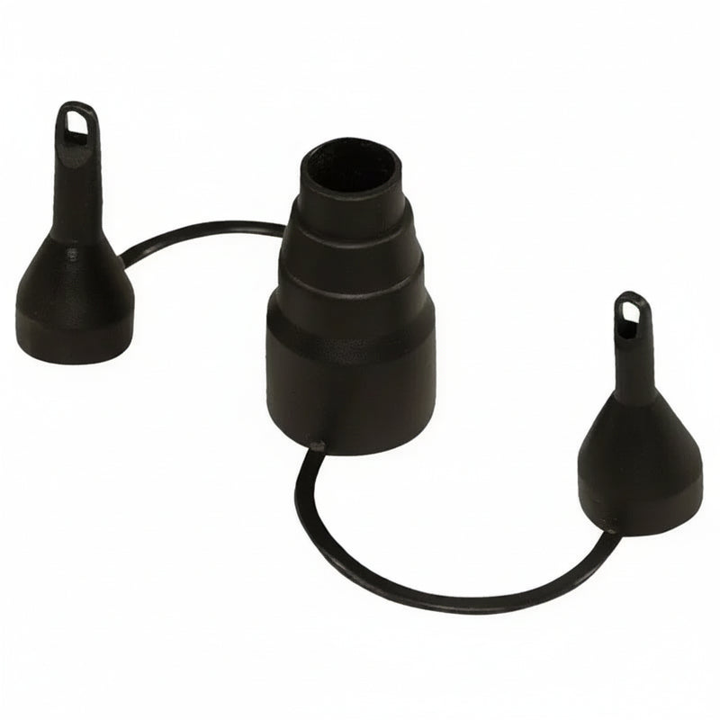 Black rubber dust cap with two small conical caps and one larger stepped cap connected by a loop