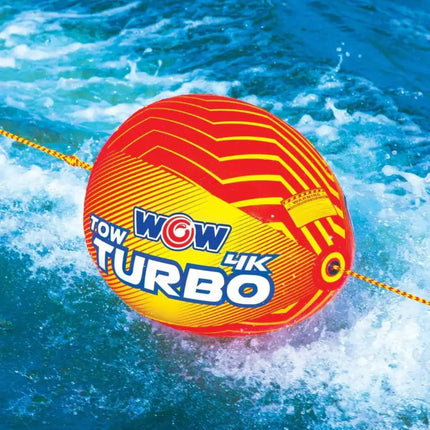 Red and yellow WOW Turbo towable tube in blue water with a tow rope attached