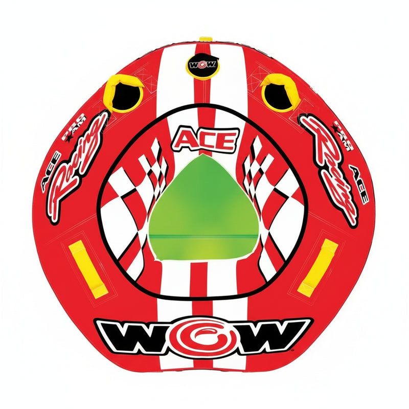 Red and white striped inflatable water tube with a green center and black and white checkered pattern