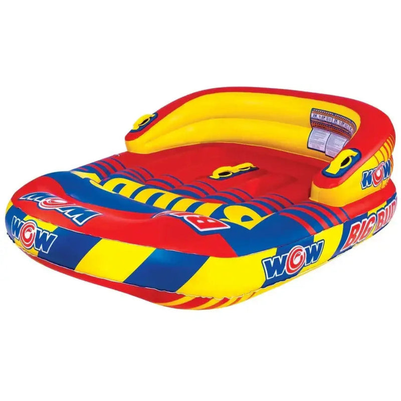 Red, yellow, and blue inflatable water tube with handles and a backrest