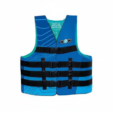 Blue adult life vest with black straps and buckles