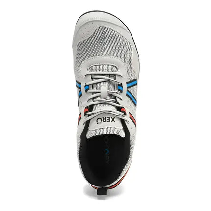 Top down view of a light grey mesh athletic shoe with blue and red stripes on the sides