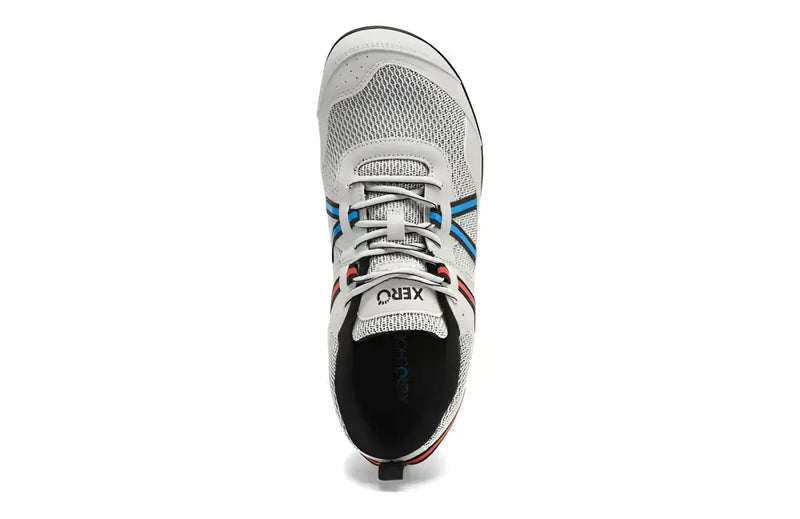 Top down view of a light grey mesh athletic shoe with blue and red stripes on the sides