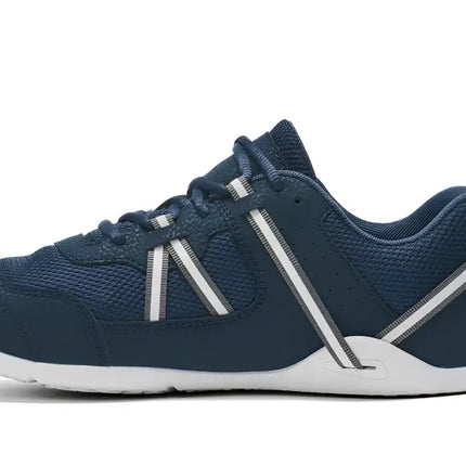 Navy blue athletic shoe with white soles and white and gray stripes on the sides