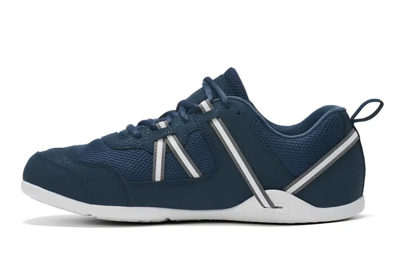 Navy blue athletic shoe with white soles and white and gray stripes on the sides
