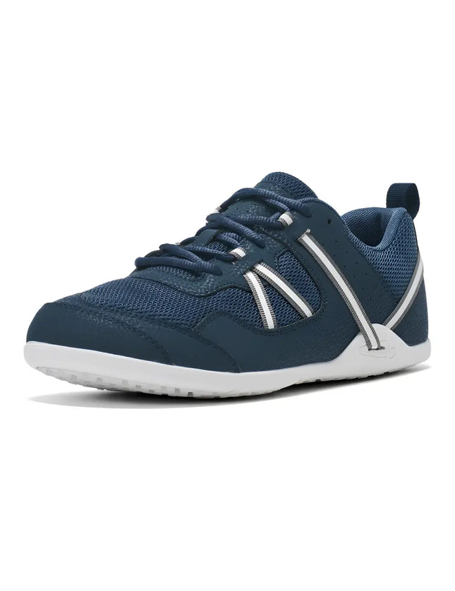Navy blue athletic shoe with white soles and white and gray stripes on the sides